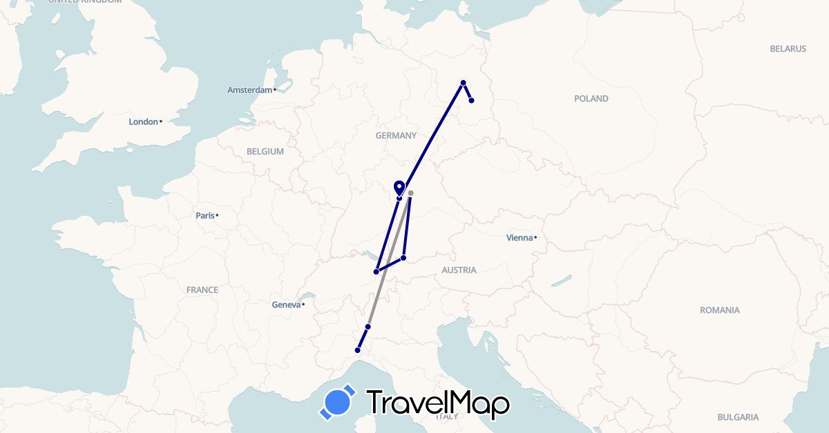 TravelMap itinerary: driving, plane in Germany, Italy, Liechtenstein (Europe)